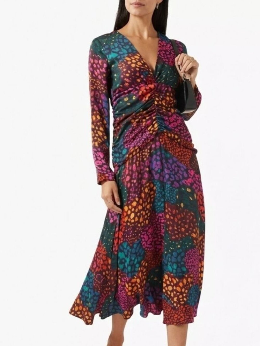 FARM Rio Rainbow Hearts Midi Dress S Ruching Colorful NWT